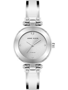 Women's White Silver Analog Quartz Bracelet Genuine Diamond Dial Bangle Watch